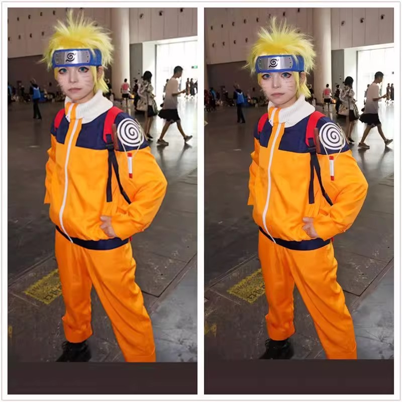 Anime Cosplay Ninja - うずまきコスプレ衣装オレンジの服ヘッドバンド & クナイポーチ付きプレ-疾風伝忍者忍者衣装ブロンドかつらユニセックス大人ホール