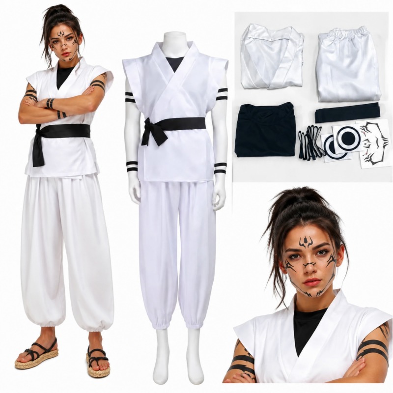 Anime Cosplay Jujutsu - 両面宿儺コスプレ衣装呪術廻戦アニメ着物衣装タトゥーステッカーハロウィンパーティーロールプレイ衣装フルセット