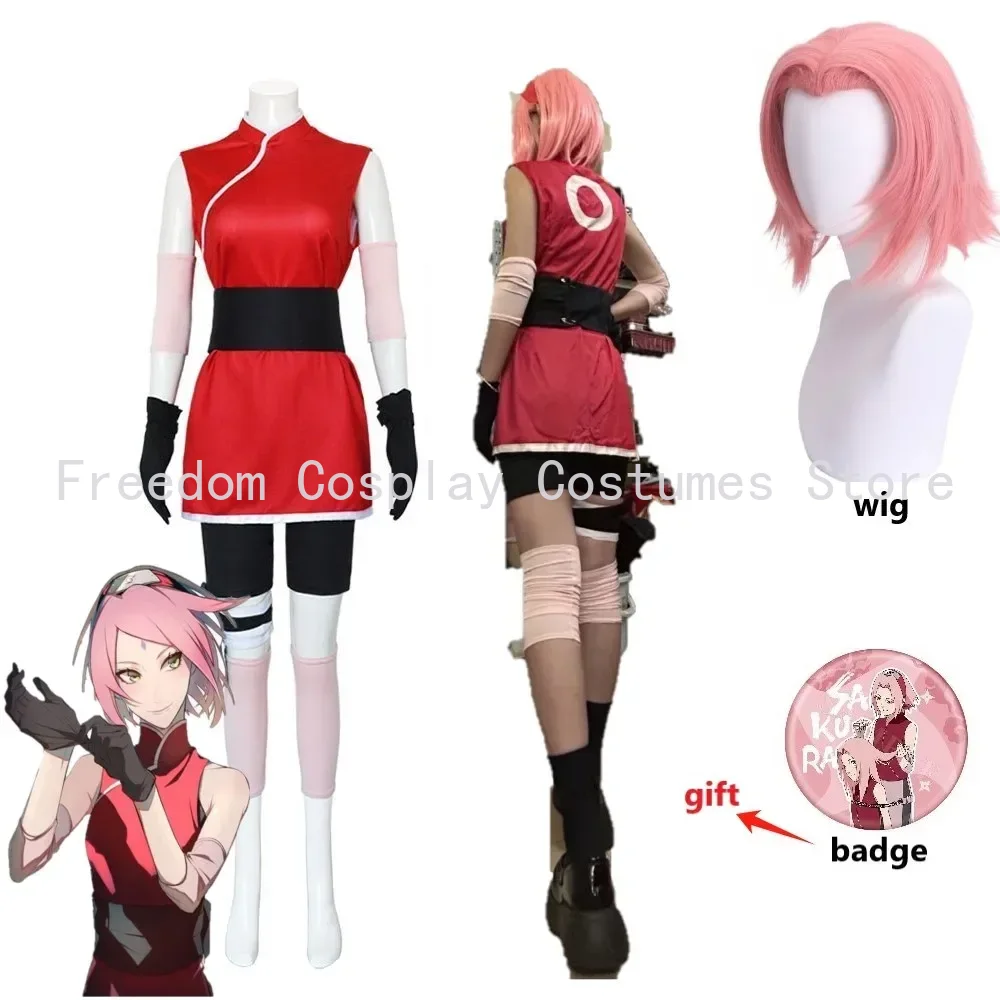 Anime Cosplay Ninja - アニメ春野さくらコスプレ疾風伝衣装ウィッグ女性女の子スカート衣装ユニセックス忍者漫画ハロウィンカーニバルパーティー衣装