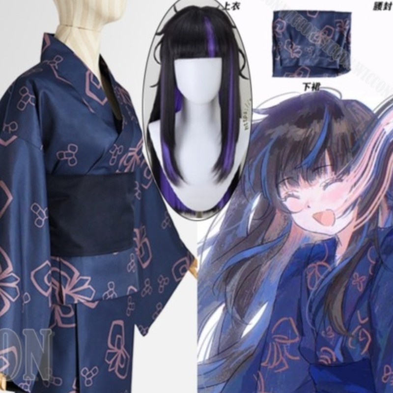 Anime Cosplay Festival - アラヤ子供時代リムバスゲームカンパニーコスプレ衣装紫着物ドレス黒ロングウィッグ小道具女性ハロウィンコミコンフェスティバル