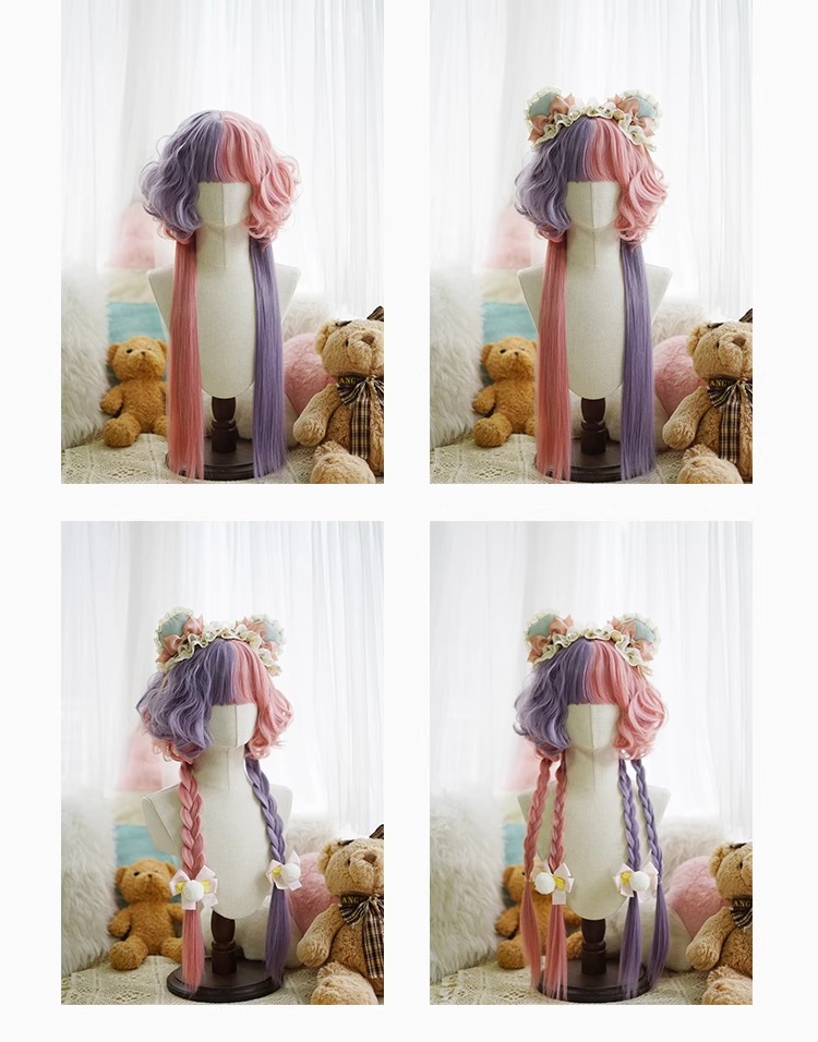 クラゲヘッドウィッグ合成ロング波状女性ブラックピンク二色陰陽 - Anime Yang Cosplay のレビューと価格