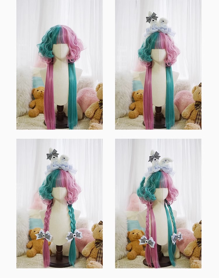 クラゲヘッドウィッグ合成ロング波状女性ブラックピンク二色陰陽 - Anime Yang Cosplay のレビューと価格
